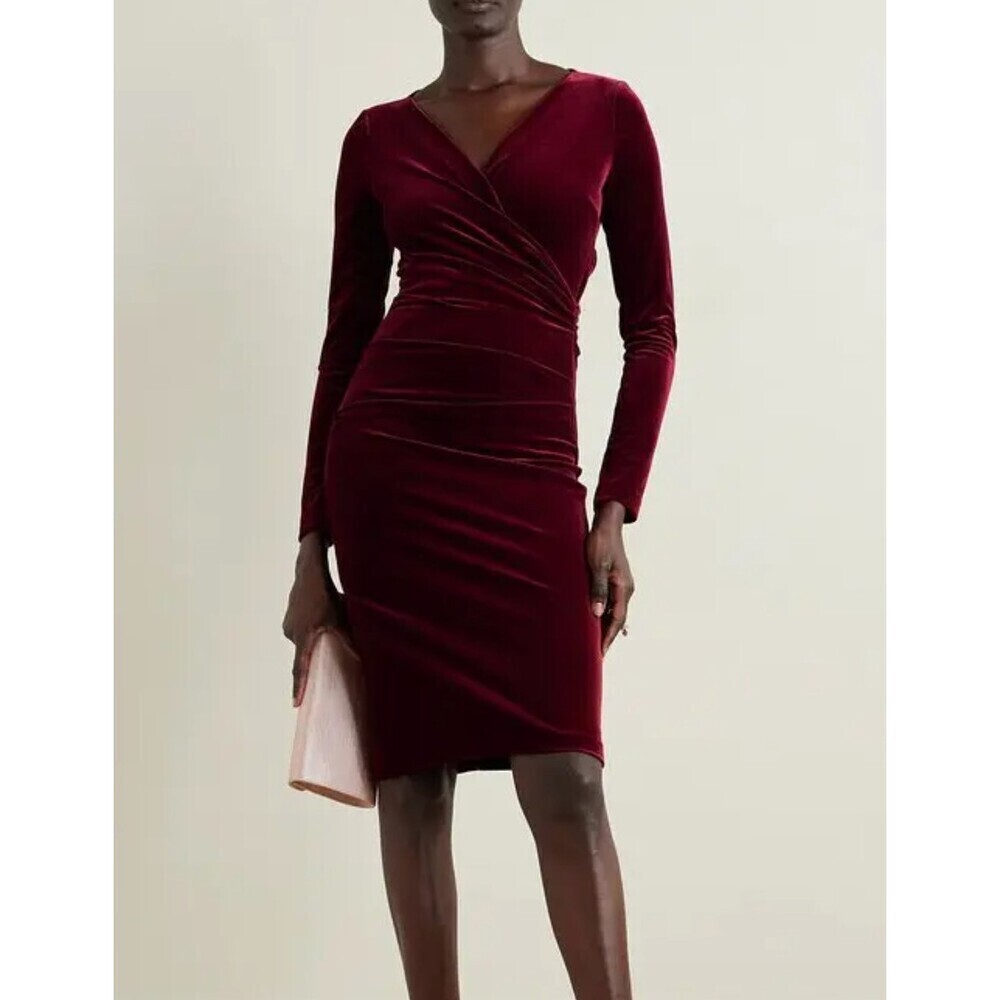Talbot Runhof Wrap Effect Velvet Dress Deep Red Long Sleeve Knee Length Size 2